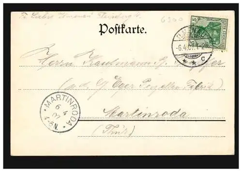 AK Gabelbach bei Ilmenau, ILMENAU 6.4.1907 nach MARTINRODA 6.4.07