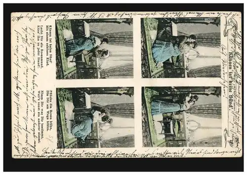 Liebe-AK Liebespaar in 4 Bildern: Küssen ist keine Sünd, NUSSE 18.2.1905