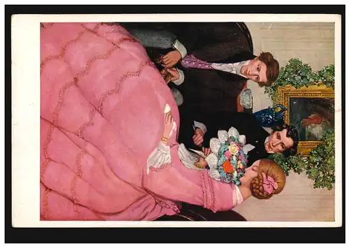 Liebe-AK Gemälde von M. Munk: Der Besuch mit Blumenstrauß, ungebraucht