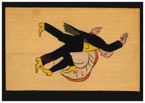 Karikatur-AK aus Holz: Mann schlägt Hintern seiner Frau, um 1910, ungebraucht