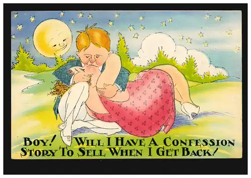 USA Caricature AK couple d'amour avec la lune - La confession après! 28.3.1928