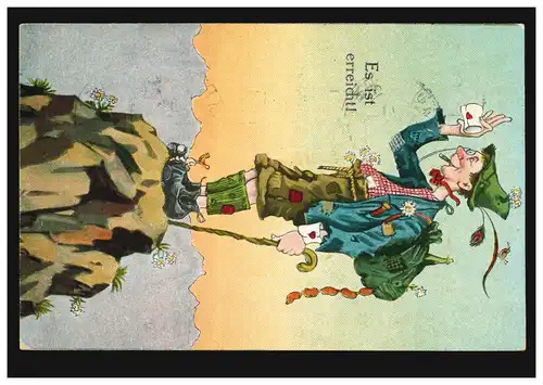 Karikatur-AK Auf dem Berggipfel: Es ist erreicht! befördert um 1920