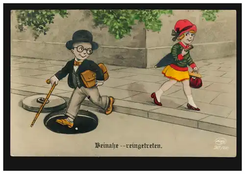 Karikatur-AK Fehlender Gullideckel: Beinahe - reingetreten SIBRATSHOFEN 31.12.32