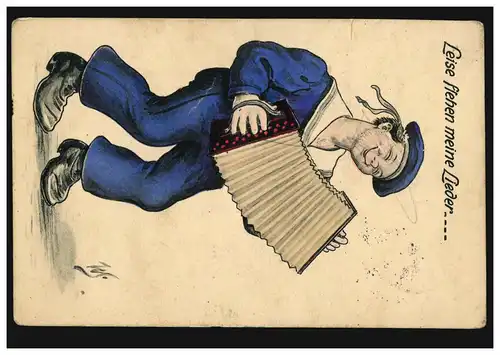 Karikatur-AK Verträumter Matrose mit Akkordeon: Leise flehen meine Lieder, 1913