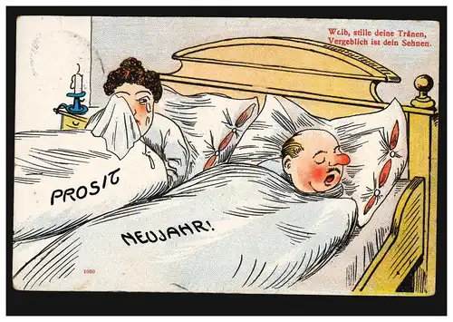 Karikatur-AK Im Bett: Weib, stille deine Tränen, Vergeblich ist dein Sehnen!