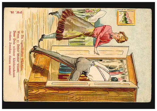 Karikatur-AK Die Tugendhafte - Der Kleiderschrank als Versteck, ungebraucht 