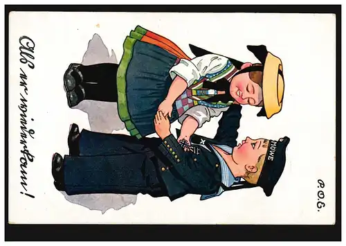 Karikatur-AK Mädchen in Tracht und Junge als Matrose: Ob er wiederkommt? 1917