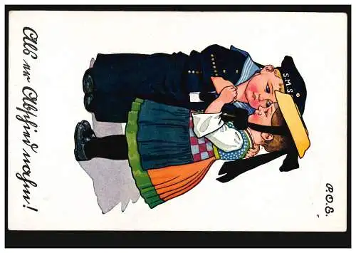 Karikatur-AK Mädchen in Tracht und Junge als Matrose: Als er Abschied nahm. 1917