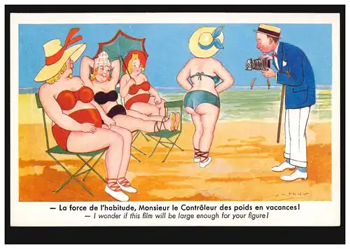 Frankreich Karikatur-AK Am Strand - Ist der Film groß genug? ungebraucht