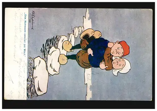 Karikatur-AK Dem Mutigen gehört die Welt! RUHRORT 20.7.1904 nach KIEL 20.7.04