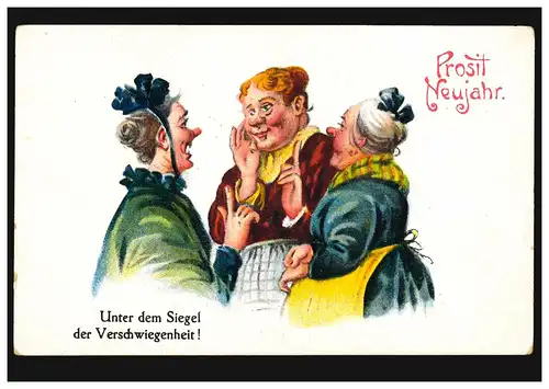 Karikatur-AK Prosit Neujahr! Unter dem Siegel der Verschwiegenheit! ungebraucht