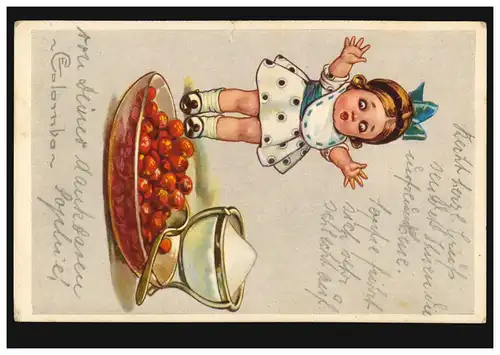 Karikatur-AK Hurra! Es gibt Süssigkeiten! Mädchen mit Kirschen und Zucker, 1925
