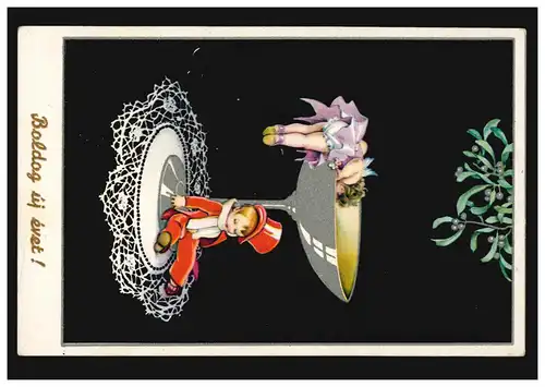 Ungarn Karikatur-AK Prosit Neujahr! Junge und Mädchen mit Champagnerglas, 1933