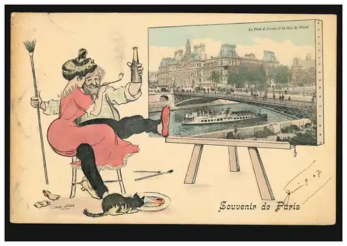 Frankreich Karikatur-AK Sovenir de Paris - Ein Künstlerleben, PARIS 9.6.1907