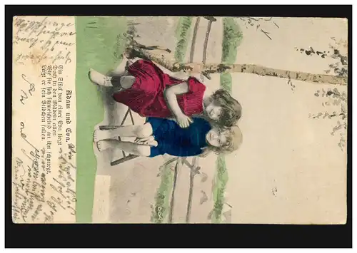 AK Artiste enfants: Adam et Eva avec poème, colorié, NOUVEAUBOURG 3.3.1904