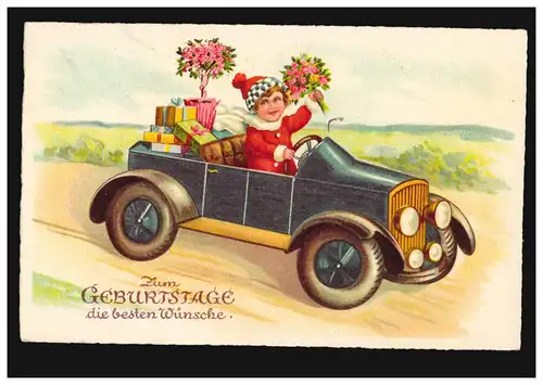 Künstler-AK Kinder: Mädchen mit Geschenken und Blumen im Auto, BERLIN 20.3.1939