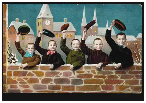 Enfants-AK Cinq garçons avec leurs bonnets salut, couru 31.12.1909