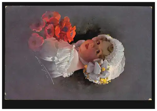 Künstler-Ansichtskarte Kinder: Kleines Mädchen mit roten Blumen, gelaufen 1912