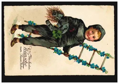 Carte de l'artiste Enfants: Garçon en balai de cheminée avec échelle, 31.12.1933