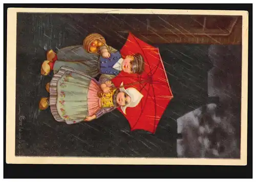 Carte de l'artiste Couple hollandais d'enfants en costard sous parapluie,1927