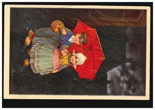 Künstler-Ansichtskarte Holländisches Kinderpaar in Tracht unter Regenschirm,1927