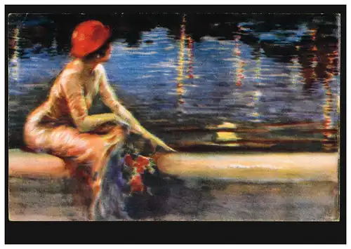 Artiste-AK peinture femme assise avec chapeau rouge sur le Kaimauer, Feldpost 1918