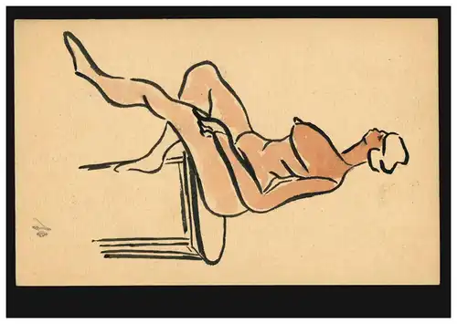 Künstler-Ansichtskarte Erotik-Zeichnung: Sitzender blonder Akt, ungebraucht