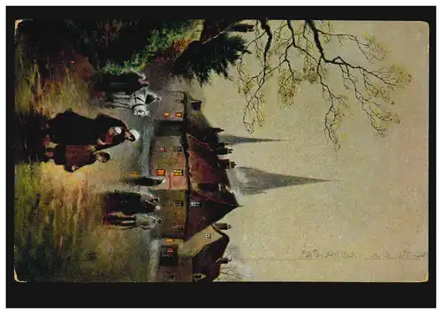 Künstler-Ansichtskarte Gemälde Dorflandschaft in der Abenddämmerung, WIEN 1917