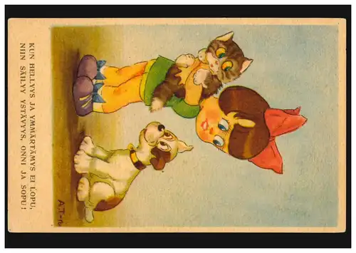 Künstler-AK Kinder: Mädchen rettet Katze vor einen Hund, beschriftet 1945 