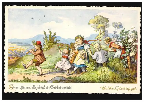 Carte de vue pour enfants Anniversaire: Groupe d'enfants moi Flûte joueur, inutile