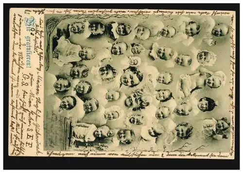 Carte de vue photo enfants: Félicitations! - Beaucoup de têtes d'enfant riant, 1906