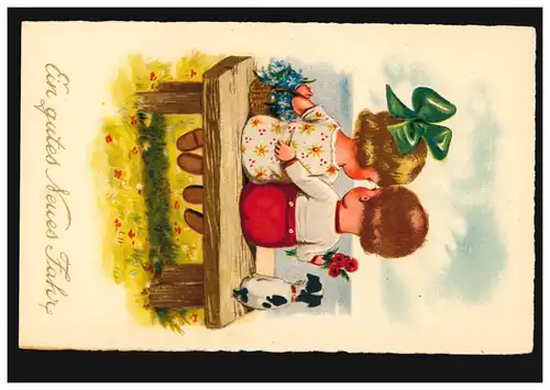 Kinder-AK Neujahr: Mädchen, Junge und Hund sitzen auf einer Bank, ungebraucht