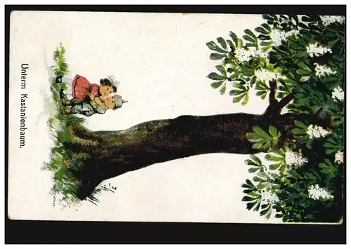 Karikatur-Ansichtskarte Kinder: Unterm Kastanienbaum, Feldpost 8.7.1918