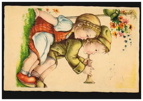 Kinder-Ansichtskarte: Singendes Mädchen und Junge mit Flöte, PIRNA 12.6.1943