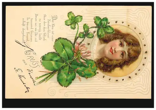 Carte de vue enfants: ... Portrait de fille avec le trèfle et le poème