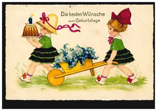 Kinder-Ansichtskarte Geburtstag: Zwei Mädchen bringen Kuchen und Blumen, 1931