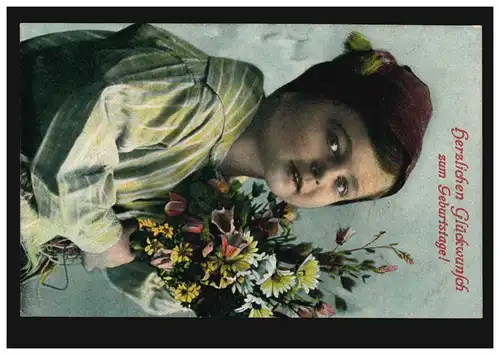 Carte de visite enfants Anniversaire: Fille avec bouquet de fleurs, couru vers 1910