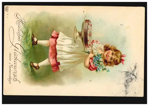 Kinder-AK: Mädchen mit Geburtstagskuchen und Blumen, gelaufen 8.9.1911