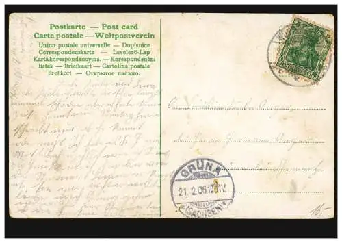 Liebes-AK Liebespaar in Umarmung: Eure Heimat sei gegrüßt., 27.2.1906 