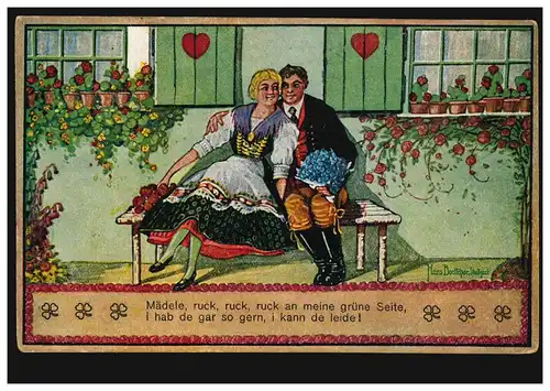 Artiste-AK Hans Boettcher, Stuttgart: Le couple d'amoureux à la banque, 28.5.1921