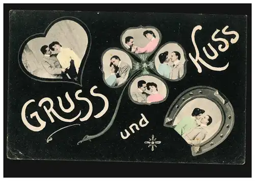 Liebes-AK Liebespaare im Herz, Kleeblatt und Hufeisen: Gruss und Kuss,1907