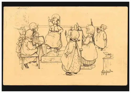Künstler-Ansichtskarte Kinder: Malunterricht - Mädchen zeichnen Mädchen, 1910