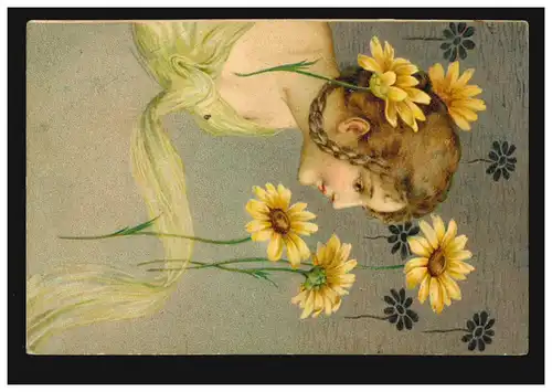 Carte de l'artiste fille avec des couettes et des fleurs jaunes, couru 8.7.1905