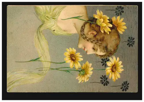 Künstler-Ansichtskarte Mädchen mit Zöpfen und gelben Blumen, gelaufen 8.7.1905