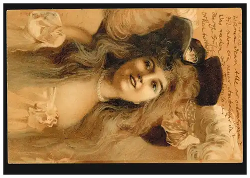 Carte de l'artiste Art Nouveau: Fille avec collier de perles et bijoux de cheveux 1902