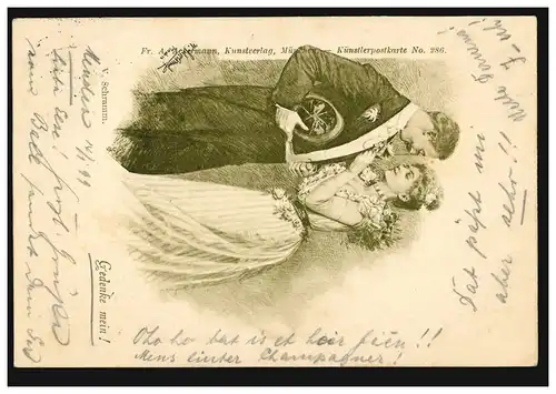 Carte de visite d'artiste V. Schramm Couple d amour - Souviens-toi de moi ! ISEROLOHN 16.1.1899