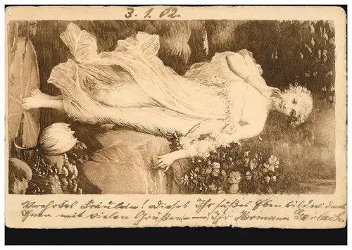 Künstler-Ansichtskarte: Blonde Nymphe auf einer Seerose, CHARLOTTENBURG 4.1.1902