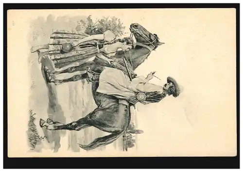 Carte de vue Artiste: Cavalier avec pipe et fille avec cruche, inutilisé