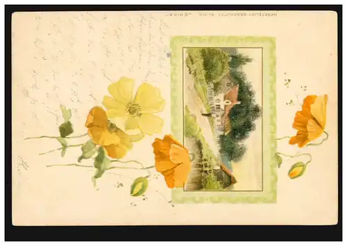 Künstler-Ansichtskarte: Blumen mit Kleinbild Dorfidylle, TROSTBERG 22.12.1900
