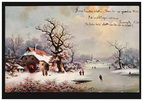 Künstler-AK: Gemälde Dorf im Winter mit gefrorenem Fluss, Verlag F.M. Erfurt